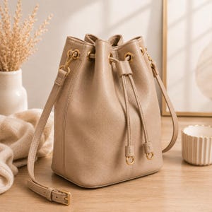 May include: A beige bucket bag with a smooth texture, featuring a drawstring closure with gold-toned metal eyelets and hardware. The bag includes an adjustable shoulder strap attached with gold-toned clips and a structured base for stability.