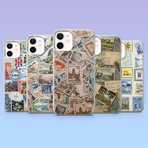 May include: Five phone cases with a vintage travel theme. Each case features a collage of postage stamps and postcards from various locations. The cases have a clear border and a glossy finish, with a gradient blue background.