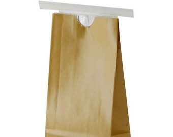 25 Small Half Pound Gold Paper Lined Tin Tie Bags with Window - Food Safe - 3.375 X 2.5 X 7.75 Inches
