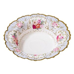 May include: A decorative paper bowl with a scalloped edge. The bowl features a white interior and a light blue exterior with gold trim. Floral designs in pink, red, and orange adorn the bowl's surface, creating a vintage aesthetic.