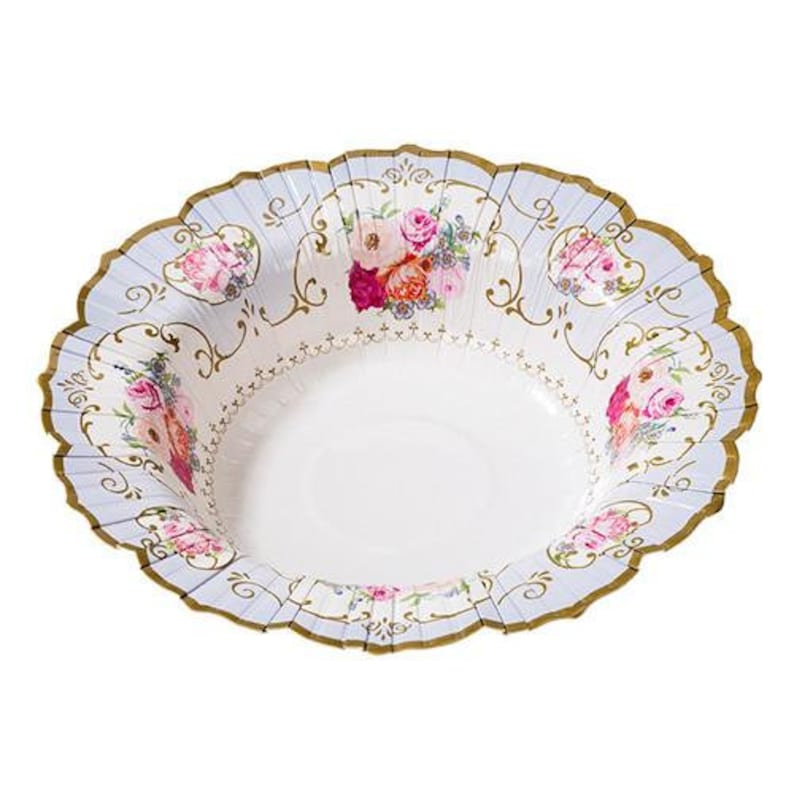 May include: A decorative paper bowl with a scalloped edge. The bowl features a white interior and a light blue exterior with gold trim. Floral designs in pink, red, and orange adorn the bowl's surface, creating a vintage aesthetic.