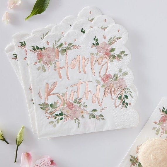 Paper Napkins ROSE GOLD FOILED Happy Birthday Napkin - Ditsy Floral napkin Il_570xn