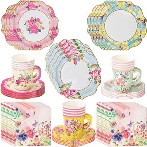 May include: A set of 12 floral themed paper plates, 12 cups, 12 napkins, and 12 saucers. The plates, cups, and saucers feature a variety of floral patterns in pink, blue, and yellow. The napkins have a pink background with a floral pattern and a colorful border.