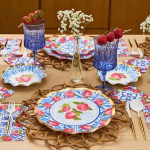 Bleu Strawberries Table Setting, Dinner Plates, Cake Plates, Napkins