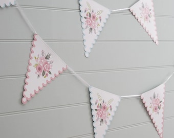 Floral Paper Bunting Garland, Triangle Pennants, 10ft, Decoration / Birthday, Garden Party, Afternoon Tea, Baby Shower, Bedroom Décor, Girls
