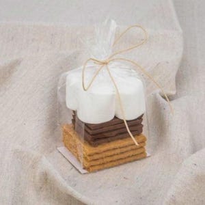 May include: A clear cellophane bag tied with twine contains the ingredients for a s'more. The layers include graham crackers, chocolate squares, and large white marshmallows. The s'more kit is presented on a neutral-colored fabric.