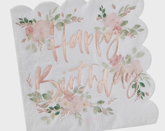 Floral Happy Birthday Napkins,  6.5 " Rose Gold Chic Garden Party Tableware (16 Pack)