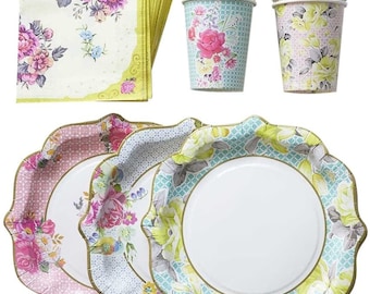 Floral Print Paper Plates, Cups, Napkins ,12 Plates, 12 Cups, 30 Napkins ,Vintage Flower Tea Party, Garden Patterns