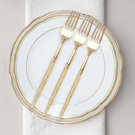 Gold Glitter Plastic Wedding Forks 24 ct Il_570xn