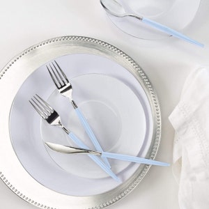 Two Tone Plastic Disposable Cutlery | Forks-Spoons-Knives | Full Size | Chic Round | Ice Blue and Silver