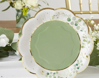 May include: Green and white paper plates with a gold rim and a floral design. The plates have a scalloped edge.