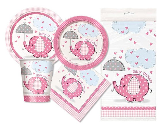 Umbrellaphants Pink Baby Shower Tableware Plates Cups Napkins By