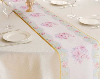 11"x108" White Pink Non-Woven Peony Floral Table Runner with Gold Edges, Spring Summer Kitchen Dining Table Decoration