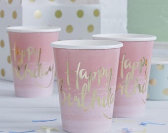 Paper Cups, Gold FOILED Pink  HAPPY BIRTHDAY Paper Cups, decorations, party supplies, Party decorations