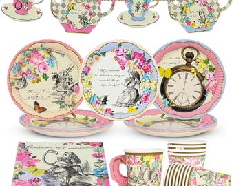 50pcs Alice in Wonderland Party Decorations  Floral Plates, Napkins, Tea Cups, Reusable Bunting Mad Hatter Afternoon Tea   -16 Guests