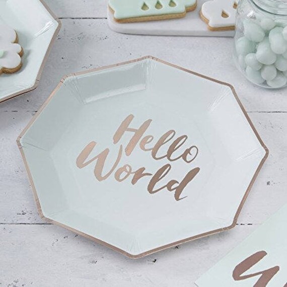 Mint & Rose Gold Paper Plates , Hello World Plates, baby shower decorations, party supplies, Paper Plates Il_570xn