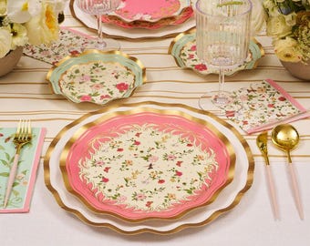 Floral Tea Party Supplies , Scalloped Paper Plates, Napkins Mothers Day Wedding Parties, Bridal Shower, Baby Shower, Birthday Party