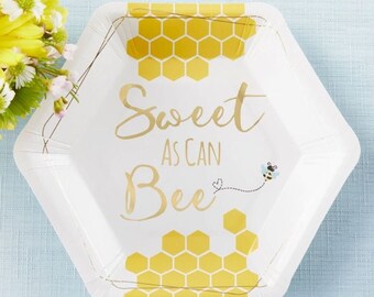 Baby Shower Dessert Plates 16 plates, 7" Sweet as Can Bee Yellow Gold Tableware