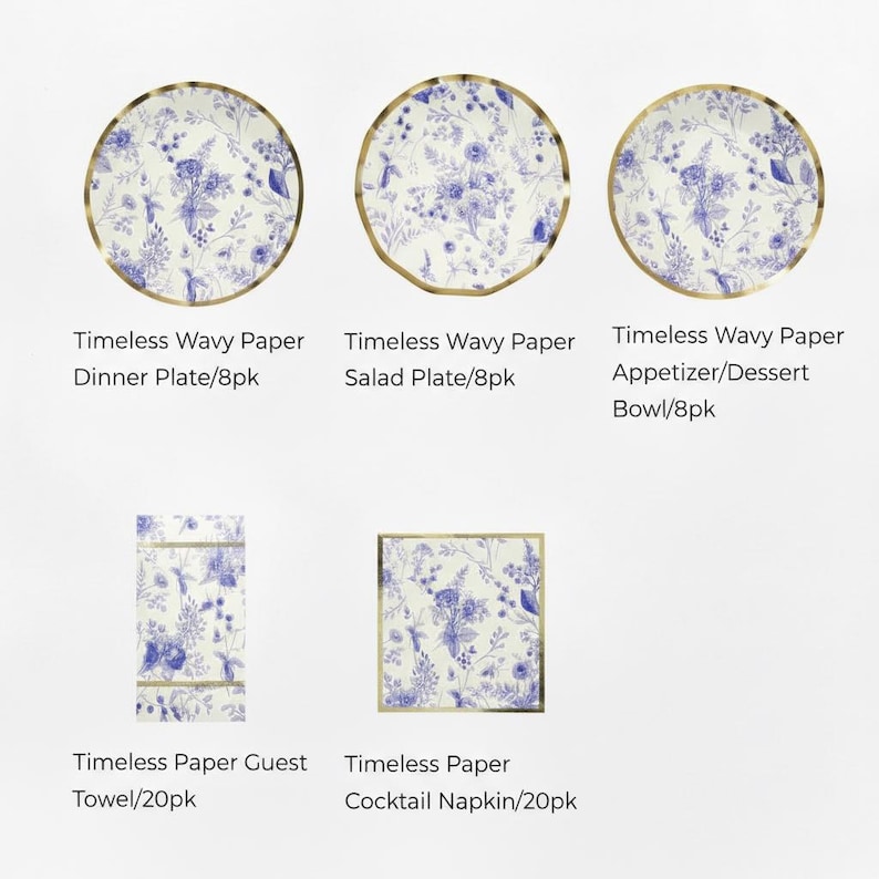 May include: A collection of paper tableware with a blue floral design and gold trim. The set includes dinner plates, salad plates, appetizer bowls, guest towels, and cocktail napkins. The text on the image reads "Timeless Wavy Paper" and "Timeless Paper".