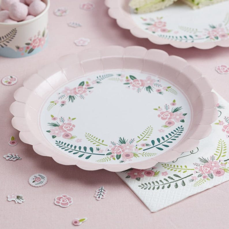 Paper plates Floral Pink Plates baby shower decorations Etsy