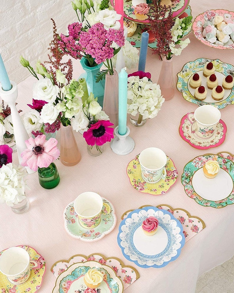 Vintage Floral Tea Party Supplies , Scalloped Paper Plates, Napkins, Tea Cups , Wedding Parties, Bridal Shower, Baby Shower, Birthday Party image 3