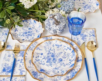 Blue Toile Dessert Bowls,  Includes 8 round 6.5" wavy edged blue toile paper bowls