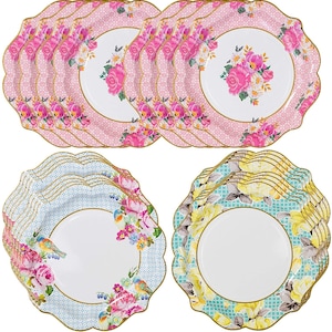 Floral Plates for a Tea Party, Wedding, Multicolor 12 ct