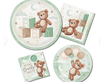 Teddy Bear Party Tableware Pack For 8 – Includes Plates, Cups, Napkins With Rose Gold Foil Details