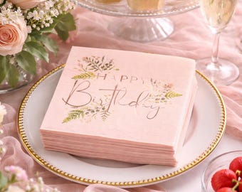 16 Floral Birthday Napkins, Blush Happy Birthday Napkins, PRose Gold Birthday