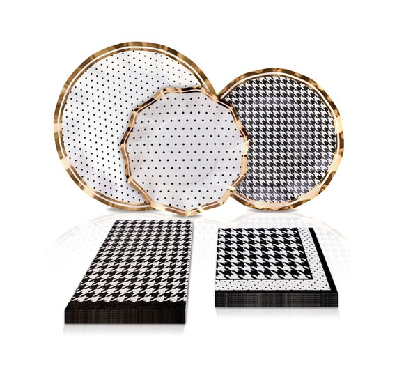 Black & White Disposable Paper Plates, 64 piece set, 8 Dinner Plates, 8 Salad Plates, 8 App Plates, 20 Cocktail Napkins, 20 Guest Napkins, Il_570xn