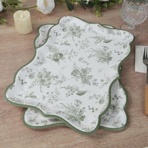 10 Pack White Sage Green Disposable Serving Trays with French Toile Pattern, Heavy DutyPaper Rectangular Party Platters 14&quot;x10&quot;