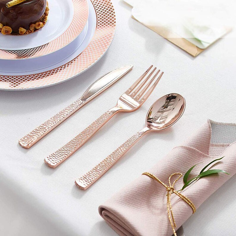 24set Hammered Rose Gold Cutlery rose Gold Utensils wedding Etsy