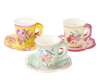 Paper Teacups - 24 cups |,Tea Party Birthday ,Tea Party Bridal Shower -,Disposable Tea Cups  Saucer , Vintage Tea Party