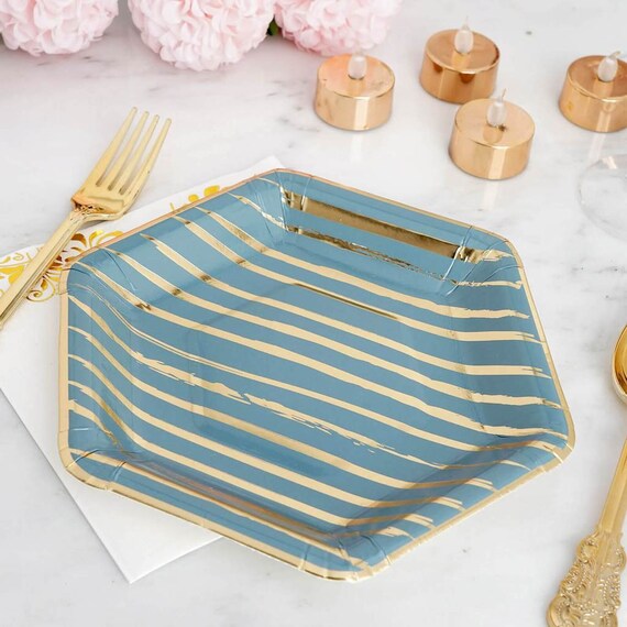 Paper Plates, Malibu Blue with Gold Stripes 8 Paper Dessert Plates Il_570xn