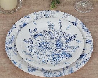 50 Pcs White Blue Vintage Floral Paper Plates with French Toile Pattern, Round Disposable Dinner and Dessert Plates - 7",9