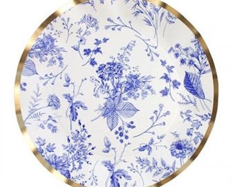 May include: White paper dinner plate with a blue floral pattern and a gold rim.