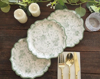 25 Pack White Sage Green Floral Leaf Print Dessert Paper Plates with Scalloped Rim, 8" Round Disposable Appetizer Salad Plates