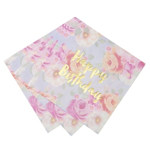 Gold Foil Happy Birthday Floral Paper Napkins for a Birthday Party, Multicolor/Gold (16 Pack)