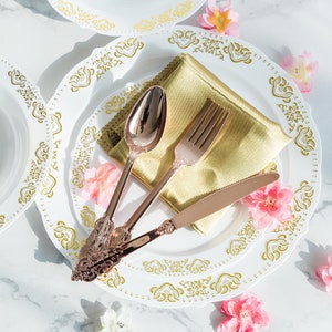 Metallic Rose Gold Baroque Design Heavy Duty Plastic Cutlery Set, Plastic Silverware
