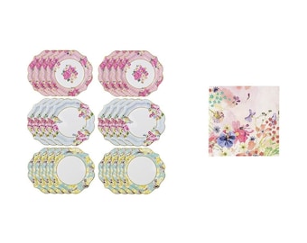 Floral Party Plates and Napkins Bundle (24 Plates + 20 Napkins) | Afternoon Tea Party Decor