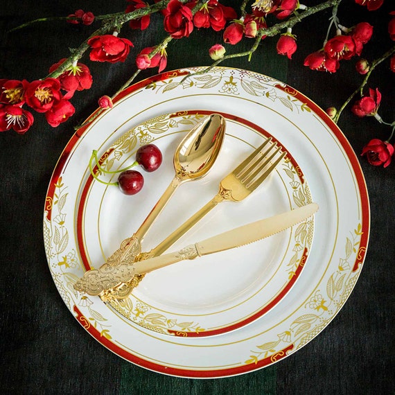 Metallic Gold Baroque Design Heavy Duty Plastic Cutlery Set, Plastic Silverware, Wedding, Party Supplies, Engagement Party Il_570xn