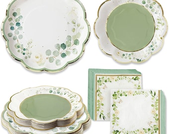 Eucalyptus Floral Botanical Garden 62 Piece Party Tableware Set (16 Guests)- Perfect for Greenery Baby Shower & Bridal Showers