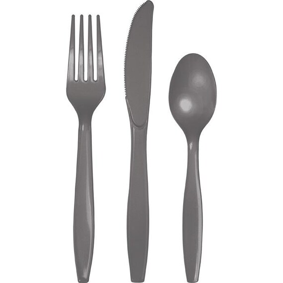 24 pc Cutlery Set, Grey Anniversary Cutlery ,Utensils , Gray Cutlery, Party Supplies Knife, fork, spoon Il_570xn