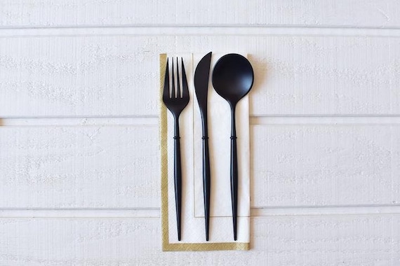 BLACK PLASTIC CUTLERY /24pc , Service for 8 Il_570xn