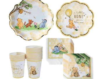 Honey Bear 78-Piece Winnie Baby Shower Plates Cups  Napkins  16 Guests, Classic Winnie Baby Shower Decorations Boy or Girl,  Party Supplies