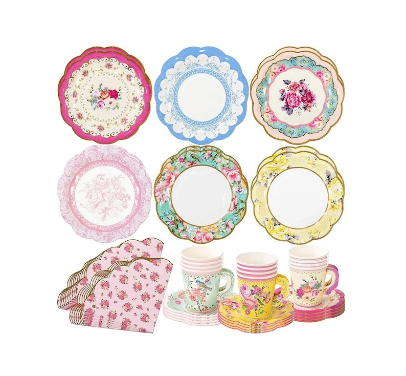 Vintage Floral Tea Party Supplies , Scalloped Paper Plates, Napkins, Tea Cups , Wedding Parties, Bridal Shower, Baby Shower, Birthday Party image 1