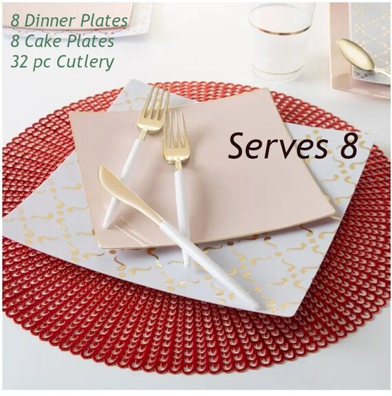 8 Guest Square White and Pink Dinner Set, 8 Dinner plates, 8 Appetizer