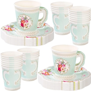 Floral Paper Tea Cups with Handles and Saucers for a Tea Party or Birthday (12 Count)