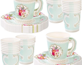 Tasses à thé en papier floral avec anses et soucoupes pour un goûter ou un anniversaire (12 pièces)