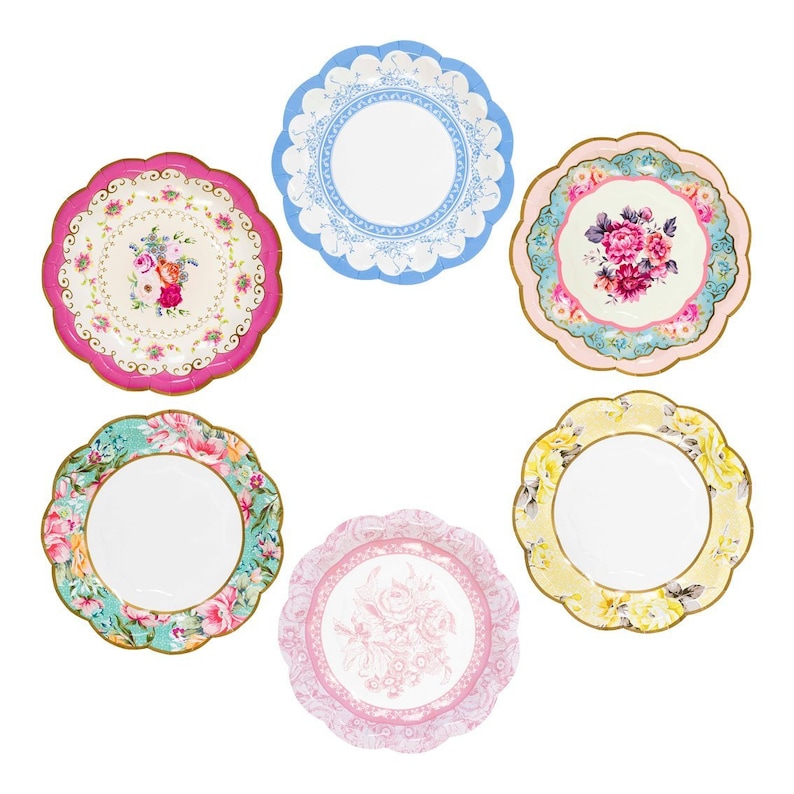 May include: Six decorative paper plates with scalloped edges and floral designs. The plates are in shades of pink, blue, yellow, and green.
